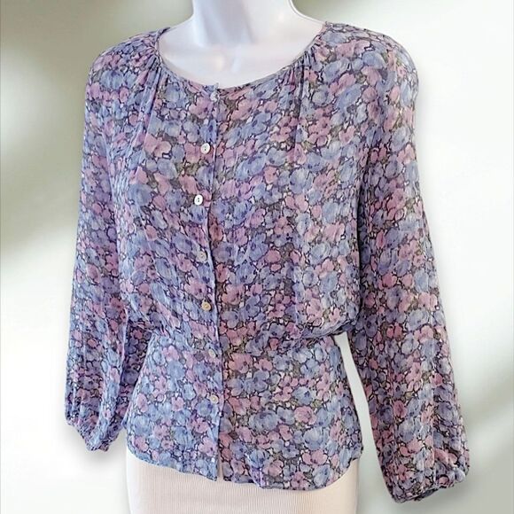 Calypso St. Barth 100% Silk Women's Medium Purple Button Up Peplum Blouse Top - Picture 5 of 12